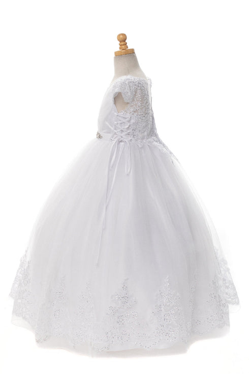 Rainkids Girls White Beaded Lace Cap Sleeve Plus Size Communion Dress 7.5-20.5 - SophiasStyle.com