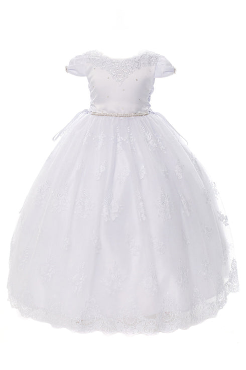 Rainkids Girls White Cap Sleeve Beaded Trim Plus Size Communion Dress 7.5-20.5 - SophiasStyle.com
