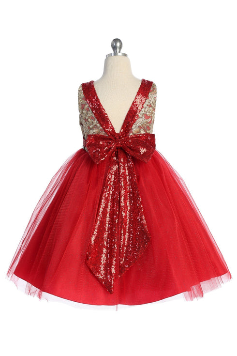 Girls Multi Color Gold Embroidered Lace V Back & Bow Flower Girl Christmas Dress 2-12