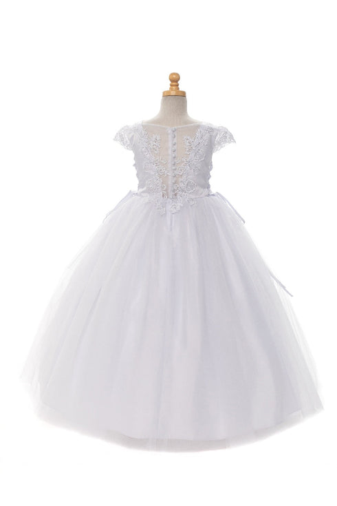 Rainkids Girls White Cap Sleeve Floral Trim Plus Size Communion Dress 7.5-20.5 - SophiasStyle.com
