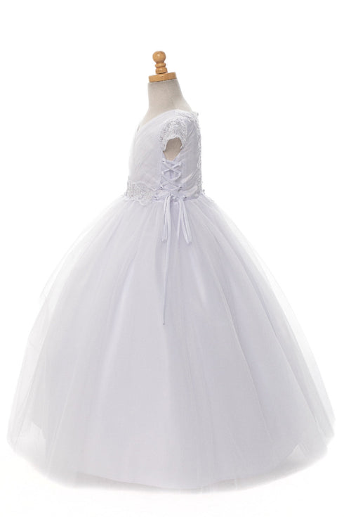 Rainkids Girls White Cap Sleeve Floral Trim Plus Size Communion Dress 7.5-20.5 - SophiasStyle.com