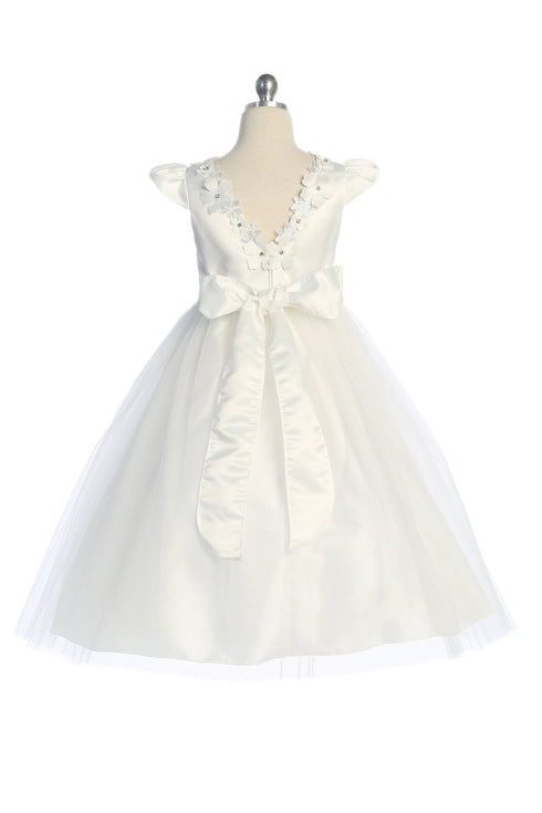 Girls Flutter Sleeve Floral Applique Flower Girl Dress 2-14