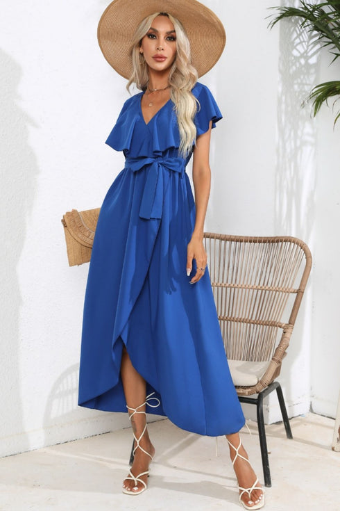 ruffled-tied-v-neck-midi-dress Sophia's Trends - Sophia's Style-Dark Blue-S