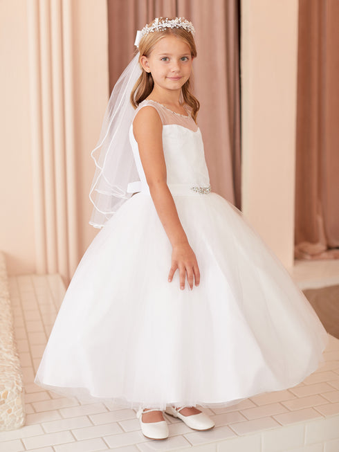 Vestido de dama de honor junior con cinturón de encaje con cuentas y cuello de ilusión blanco para niñas grandes 8-12