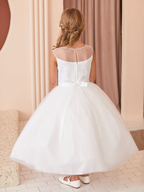 Vestido de dama de honor junior con cinturón de encaje con cuentas y cuello de ilusión blanco para niñas grandes 8-12