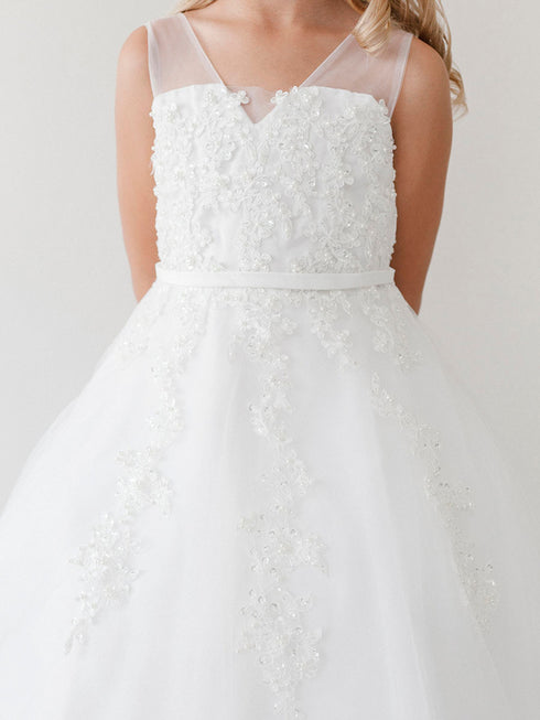 Girls Pearl Blossom Illusion-Neckline Flower Girl Dress with V-Back, Sizes 4-14