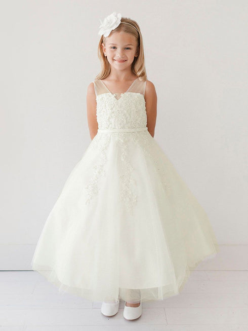 Girls Pearl Blossom Illusion-Neckline Flower Girl Dress with V-Back, Sizes 4-14