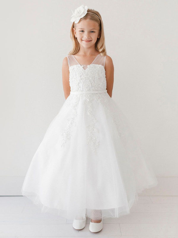 Girls Pearl Blossom Illusion-Neckline Flower Girl Dress with V-Back, Sizes 4-14