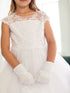 Big Girls White Illusion Neckline Rhinestone Lace Applique Communion Dress 7-18