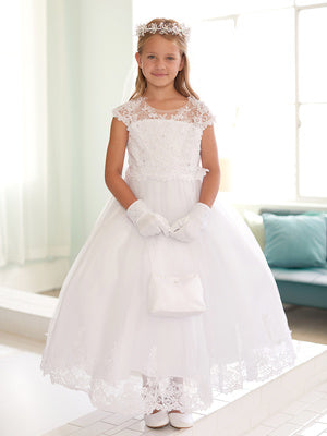 Big Girls White Illusion Neckline Rhinestone Lace Applique Communion Dress 7-18