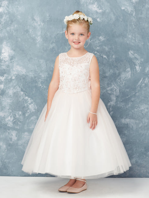 Little Girls Ivory Illusion Lace Tulle Flower Girl Easter Dress 2-6