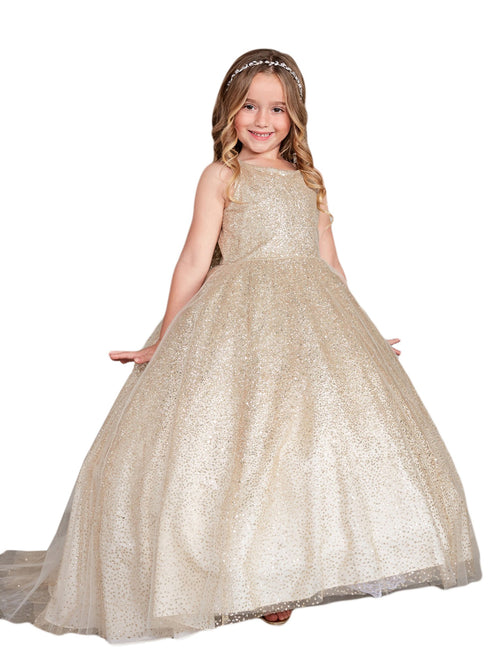 Girls Sparkling Full Length Dress with Tail and Large Bow Accent 2-12
