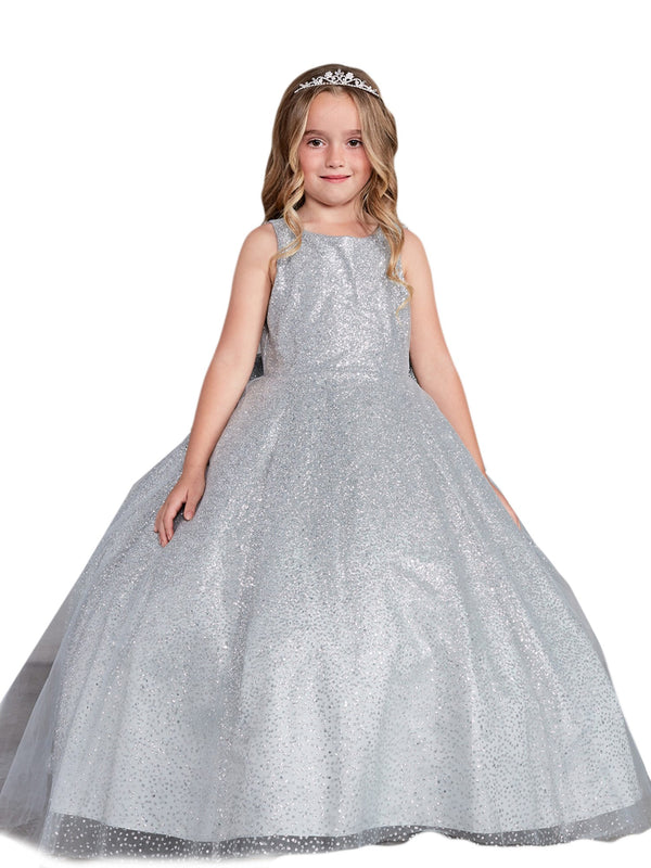 Girls Sparkling Full Length Dress with Tail and Large Bow Accent 2-12