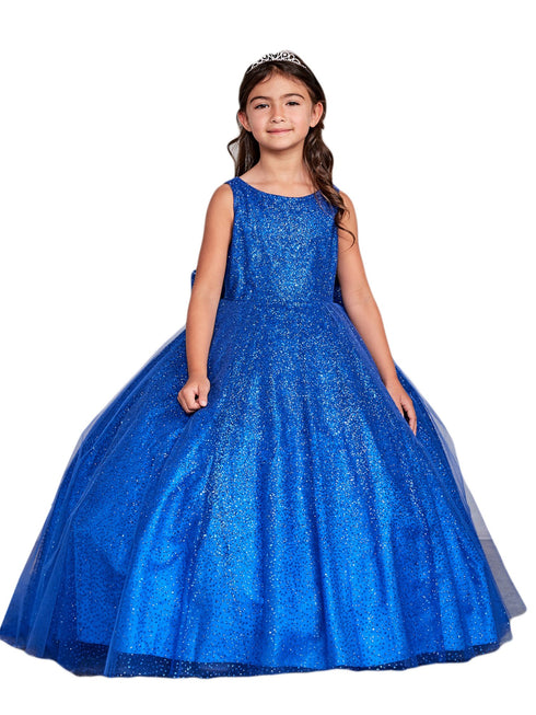 Girls Sparkling Full Length Dress with Tail and Large Bow Accent 2-12