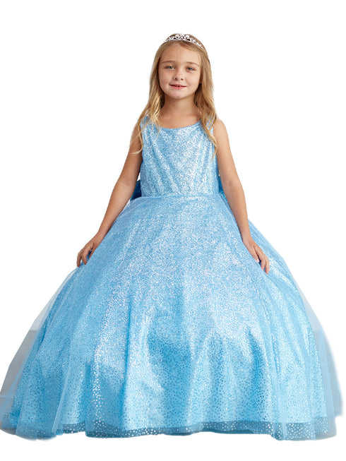 Girls Sparkling Full Length Dress with Tail and Large Bow Accent 2-12