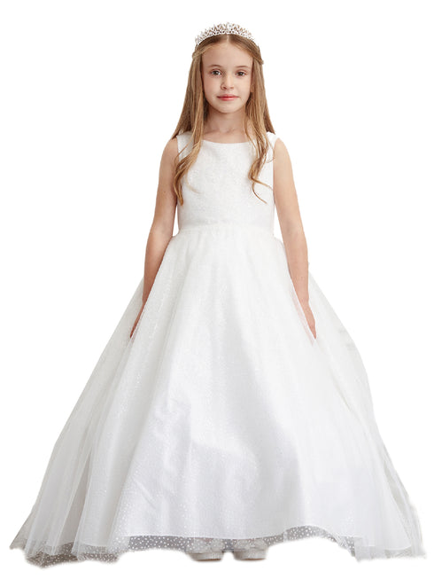 Girls Sparkling Full Length Dress with Tail and Large Bow Accent 2-12