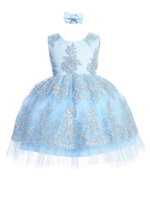Baby Girls Metallic Lace Overlay Tulle Flower Girl Dress 6-24M
