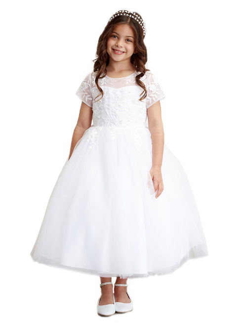 Big Girls White Illusion Neckline Short Sleeve Junior Bridesmaid Dress 8-16 - SophiasStyle.com