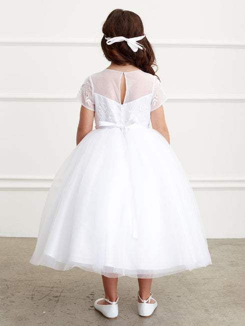 Big Girls White Illusion Neckline Short Sleeve Junior Bridesmaid Dress 8-16 - SophiasStyle.com