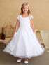 Girls Cap Sleeved Lace Applique Dress with Mesh Overlay Skirt, Sizes 2-16