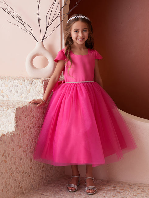 Girls Multi Color Square Neckline Cap Sleeve Flower Girl Dress 2-12