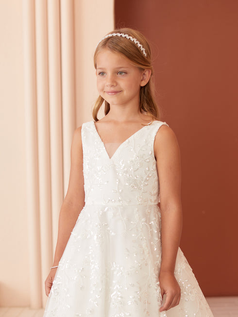 Girls Full-Length Embroidered Floral Sequin Dress with Beaded V-Neck Bodice 2-16