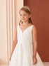 Girls Full-Length Embroidered Floral Sequin Dress with Beaded V-Neck Bodice 2-16