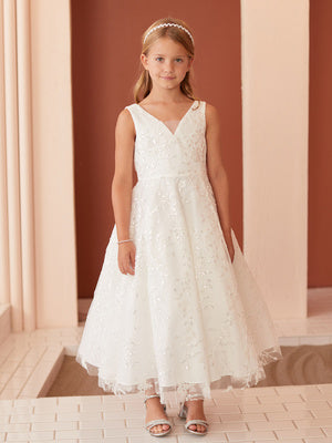 Girls Full-Length Embroidered Floral Sequin Dress with Beaded V-Neck Bodice 2-16
