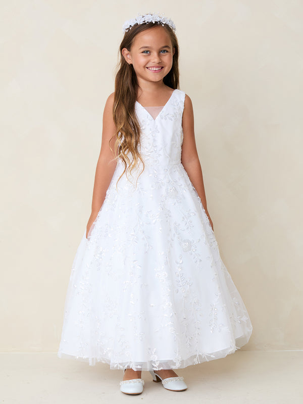 Girls Full-Length Embroidered Floral Sequin Dress with Beaded V-Neck Bodice 2-16