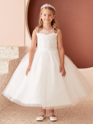 Girls Elegant Illusion Neckline Flower Girl Dress with Beaded Bodice and Tulle Skirt 2-16