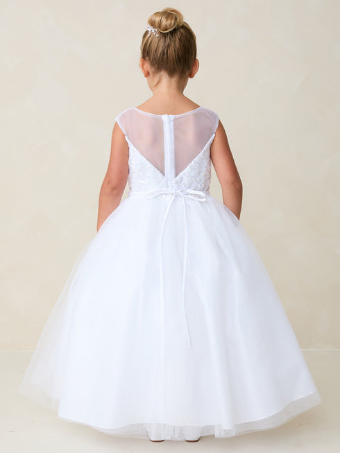 Girls Elegant Illusion Neckline Flower Girl Dress with Beaded Bodice and Tulle Skirt 2-16