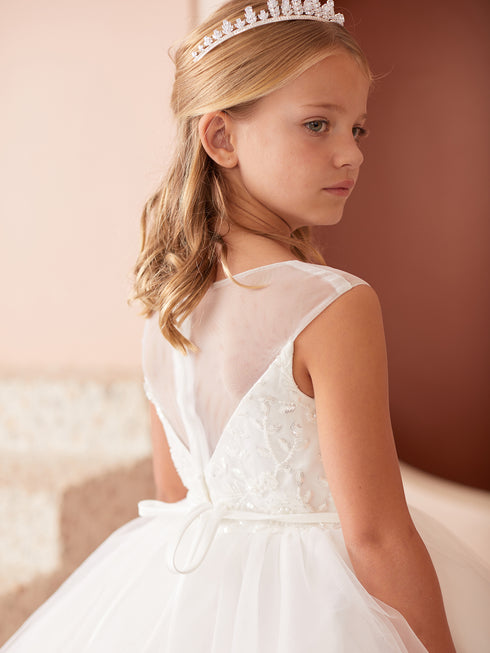 Girls Elegant Illusion Neckline Flower Girl Dress with Beaded Bodice and Tulle Skirt 2-16