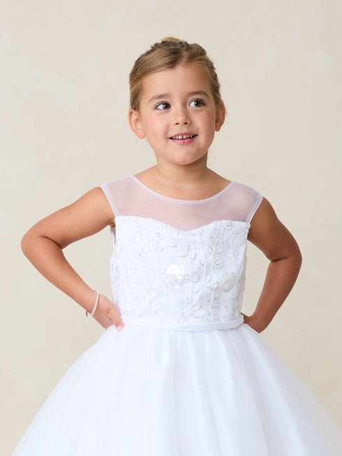 Girls Elegant Illusion Neckline Flower Girl Dress with Beaded Bodice and Tulle Skirt 2-16