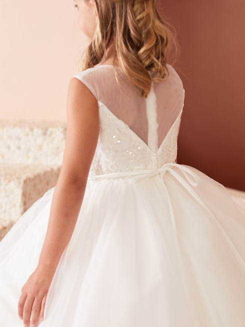 Girls Elegant Illusion Neckline Flower Girl Dress with Beaded Bodice and Tulle Skirt 2-16