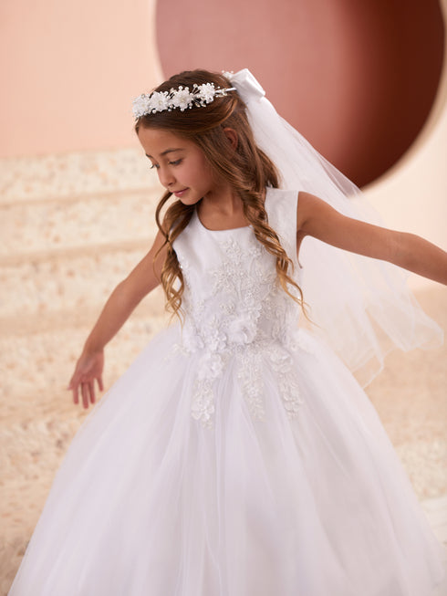 Girls 3D Floral Lace Bodice Flower Girl Dress with Mesh Skirt and Sash Tie Back, Sizes 2-18