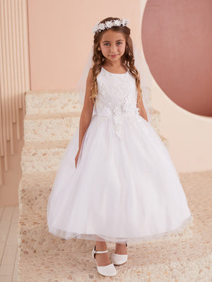 Girls 3D Floral Lace Bodice Flower Girl Dress with Mesh Skirt and Sash Tie Back, Sizes 2-18