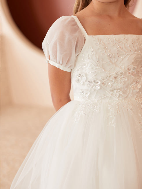 Girls Puff Sleeve Floral Embroidered Dress 2-12