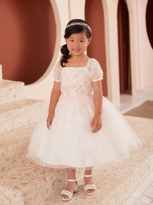 Girls Puff Sleeve Floral Embroidered Dress 2-12