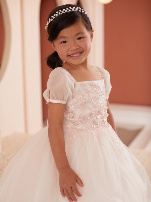 Girls Puff Sleeve Floral Embroidered Dress 2-12