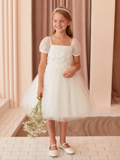 Girls Puff Sleeve Floral Embroidered Dress 2-12