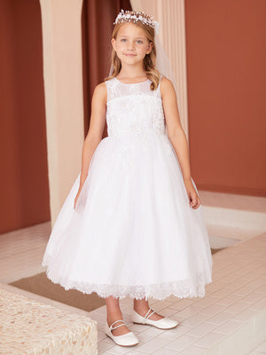 Girls Sleeveless White Lace Dress with 3D Flowers 2-16