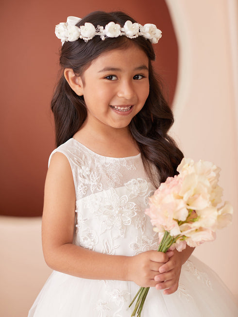 Girls Sleeveless White Lace Dress with 3D Flowers 2-16