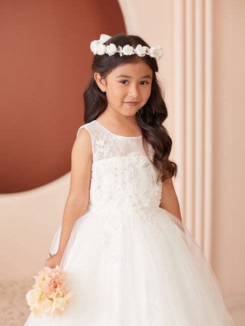 Girls Sleeveless White Lace Dress with 3D Flowers 2-16