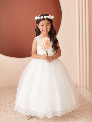 Girls Sleeveless White Lace Dress with 3D Flowers 2-16