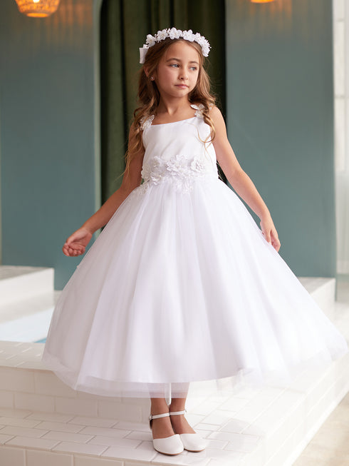 Girls Lace Applique Flower Girl Dress with 3D Floral Waist & Mesh Skirt, Sizes 2-12