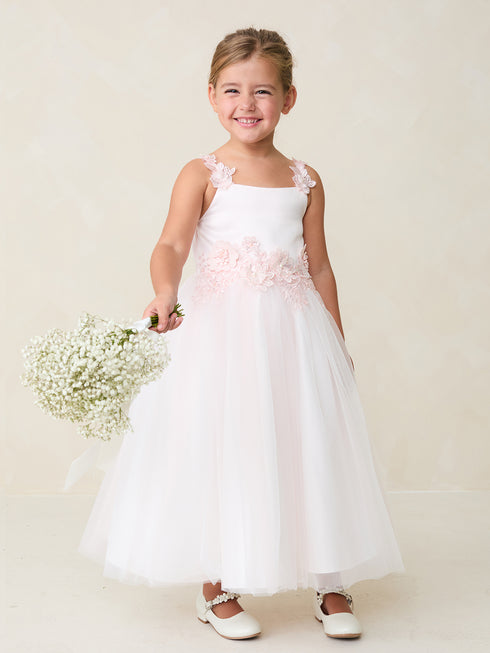Girls Lace Applique Flower Girl Dress with 3D Floral Waist & Mesh Skirt, Sizes 2-12