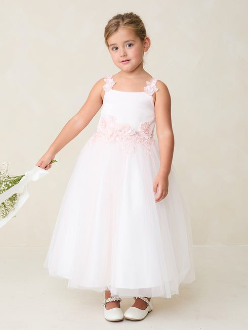 Girls Lace Applique Flower Girl Dress with 3D Floral Waist & Mesh Skirt, Sizes 2-12