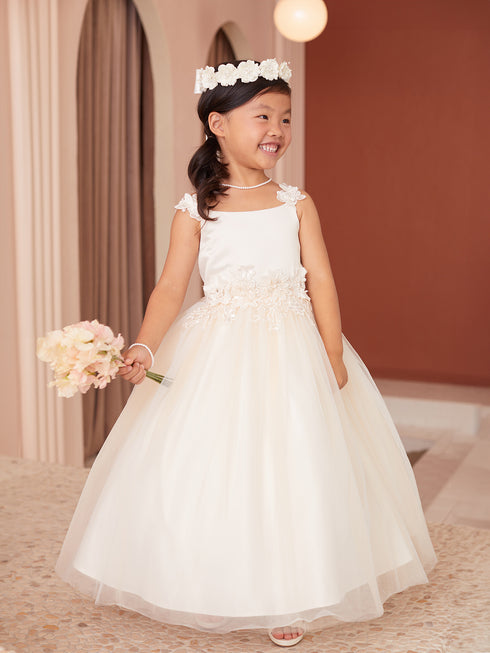 Girls Lace Applique Flower Girl Dress with 3D Floral Waist & Mesh Skirt, Sizes 2-12
