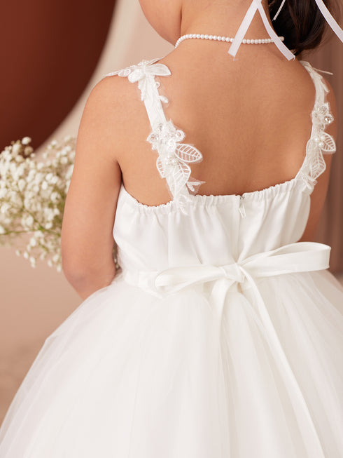 Girls Lace Applique Flower Girl Dress with 3D Floral Waist & Mesh Skirt, Sizes 2-12