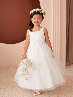 Girls Lace Applique Flower Girl Dress with 3D Floral Waist & Mesh Skirt, Sizes 2-12